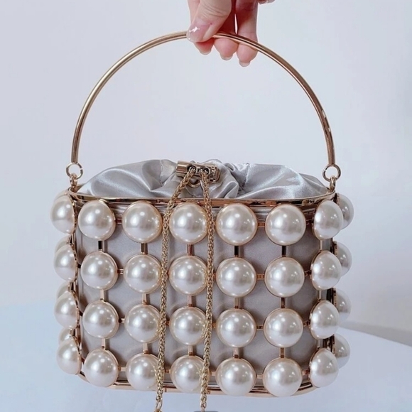 Mini Faux Pearl Decor Drawstring Design Chain Satin Box Bag - Picture 5 of 8